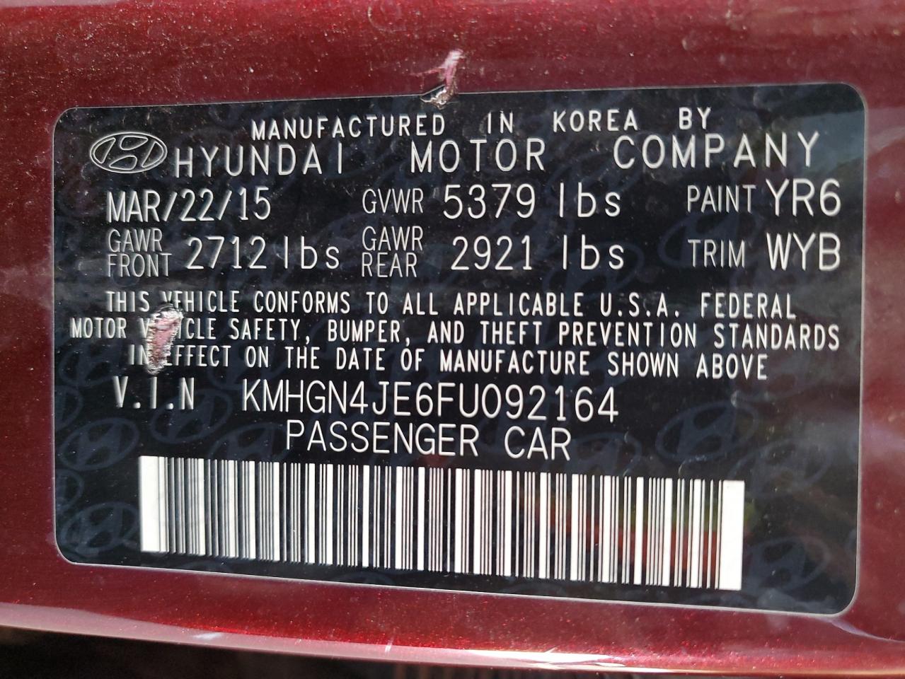 2015 Hyundai Genesis 3.8L VIN: KMHGN4JE6FU092164 Lot: 92082305