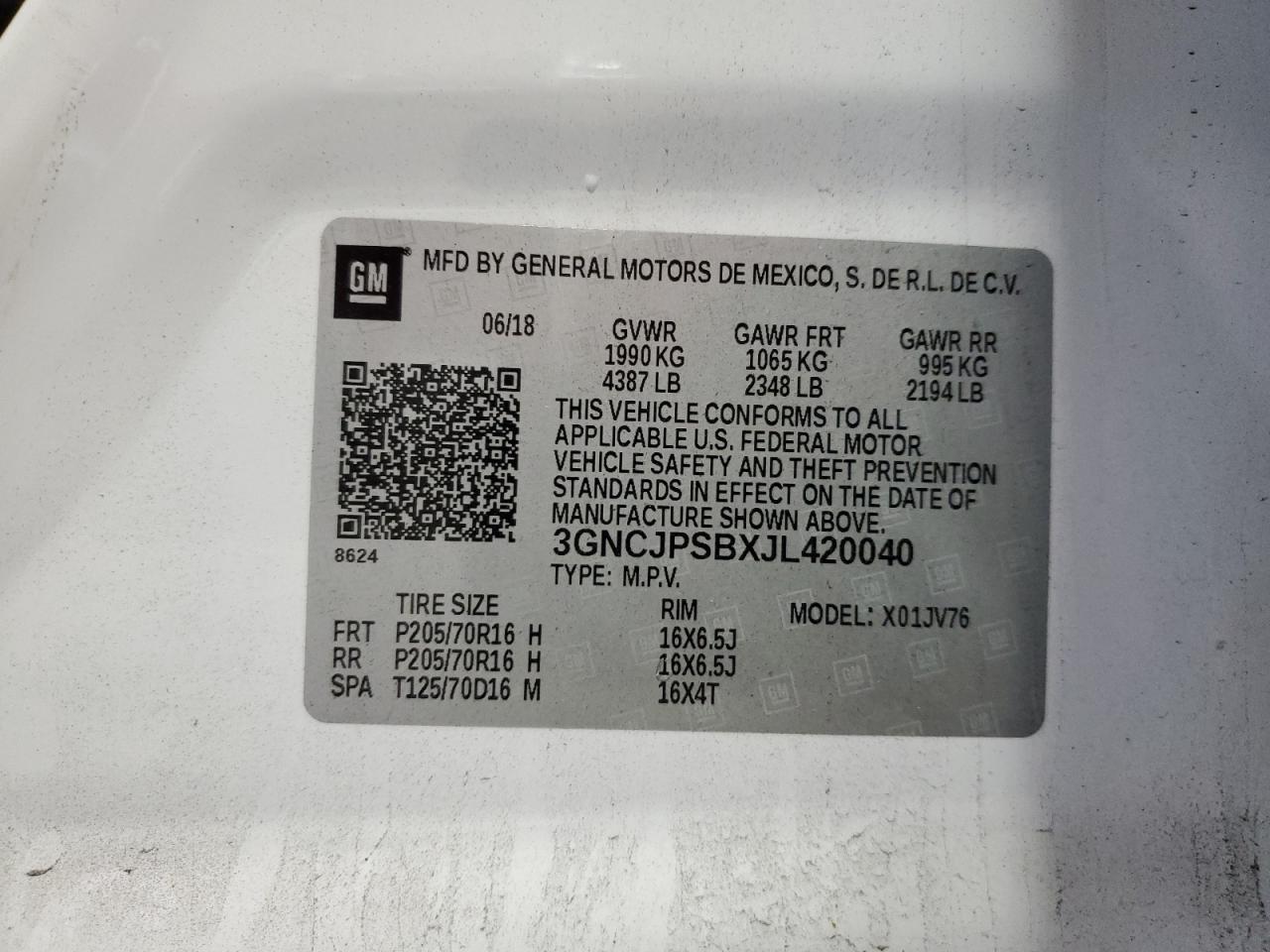 2018 Chevrolet Trax 1Lt VIN: 3GNCJPSBXJL420040 Lot: 92650785