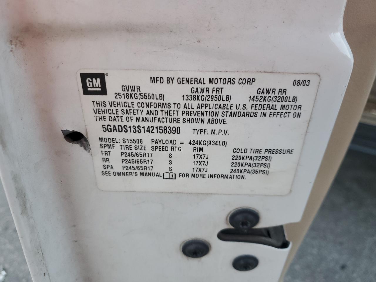 2004 Buick Rainier Cxl VIN: 5GADS13S142158390 Lot: 92076695