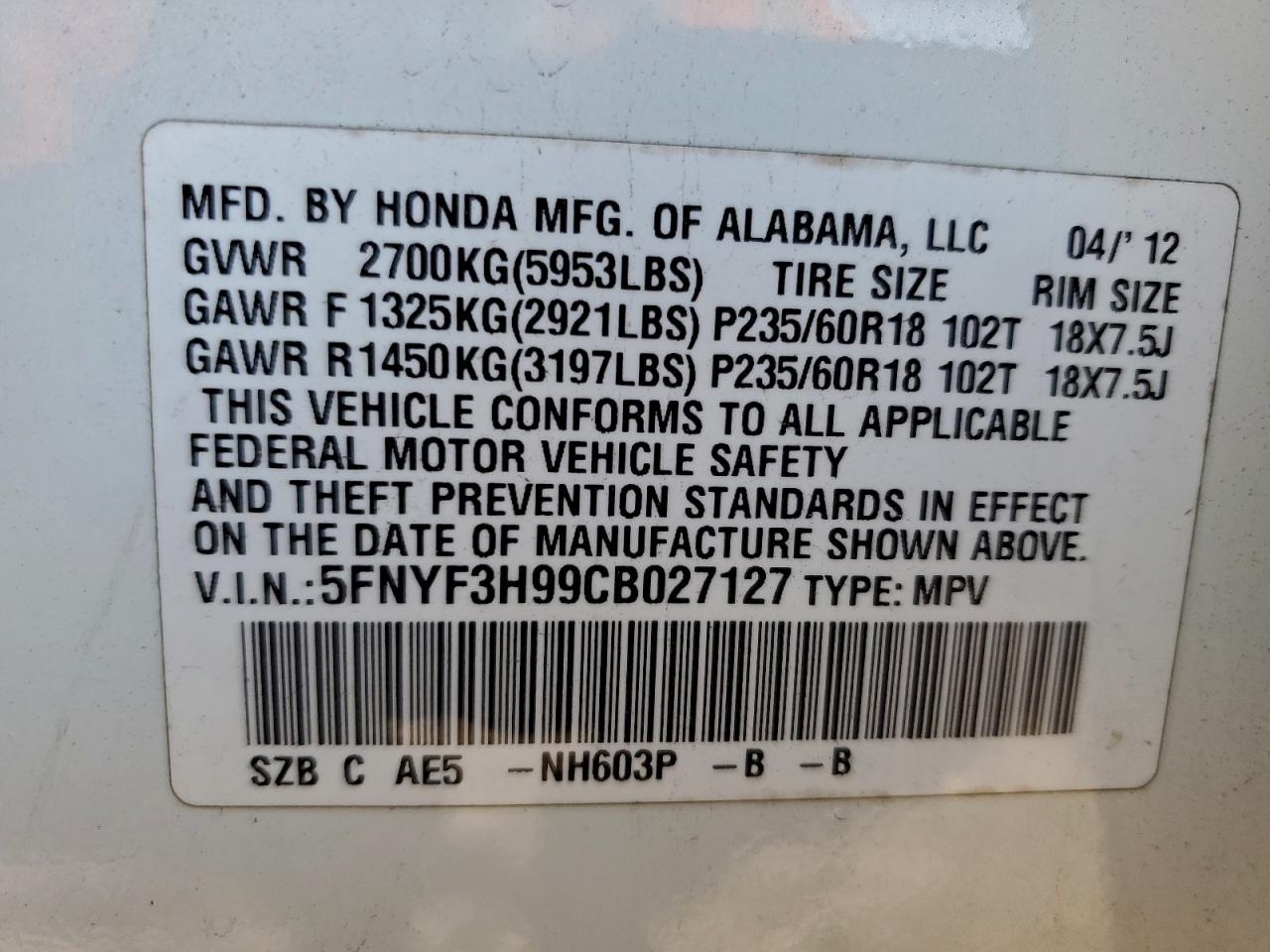 2012 Honda Pilot Touring VIN: 5FNYF3H99CB027127 Lot: 93531315