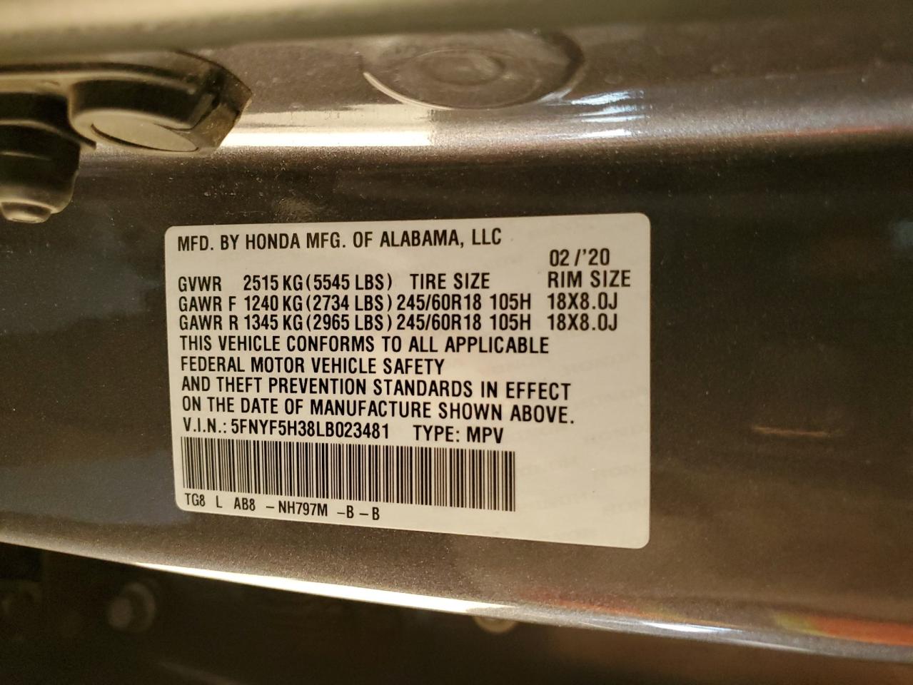 2020 Honda Pilot Ex VIN: 5FNYF5H38LB023481 Lot: 91738375