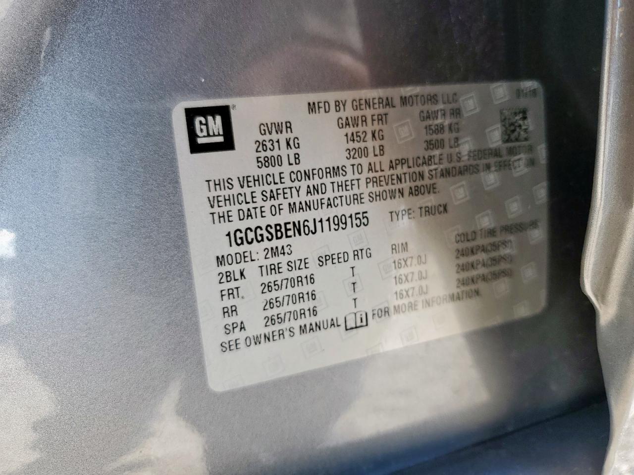 2018 Chevrolet Colorado VIN: 1GCGSBEN6J1199155 Lot: 91037975