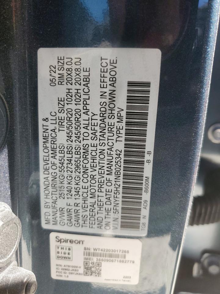 2022 Honda Pilot Se VIN: 5FNYF5H21NB025342 Lot: 91909205