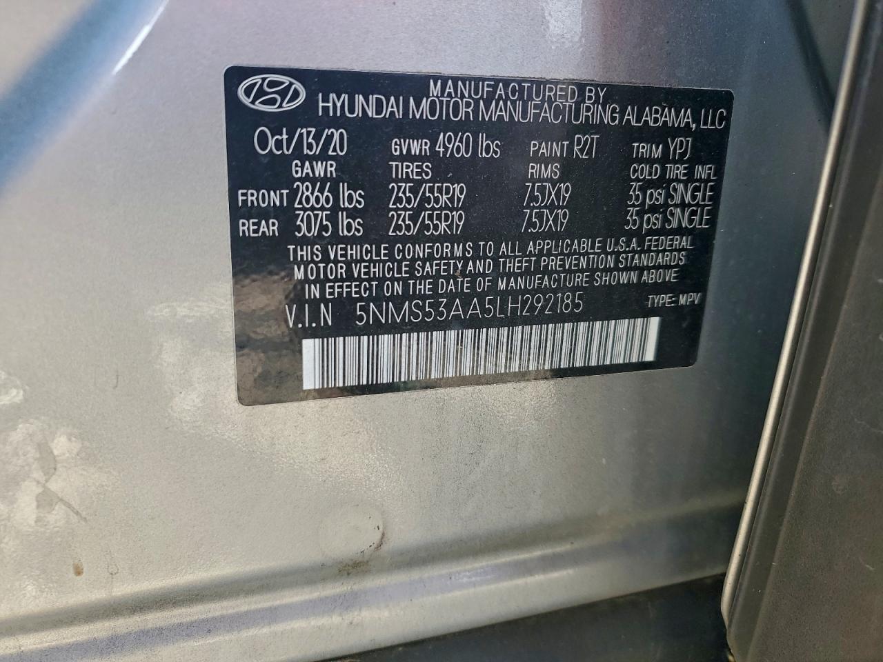 2020 Hyundai Santa Fe Limited VIN: 5NMS53AA5LH292185 Lot: 94130325