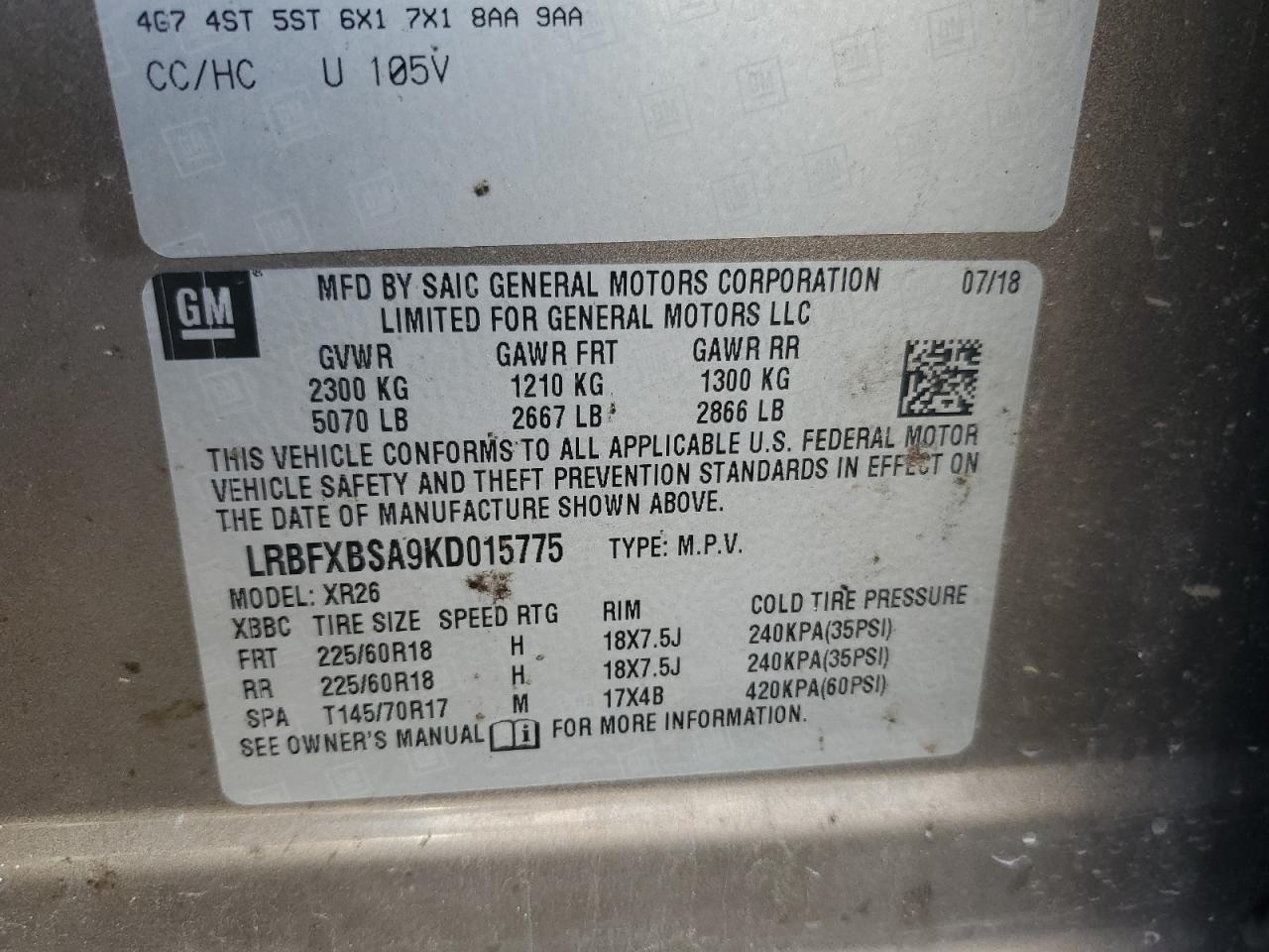 2019 Buick Envision Preferred VIN: LRBFXBSA9KD015775 Lot: 91741785