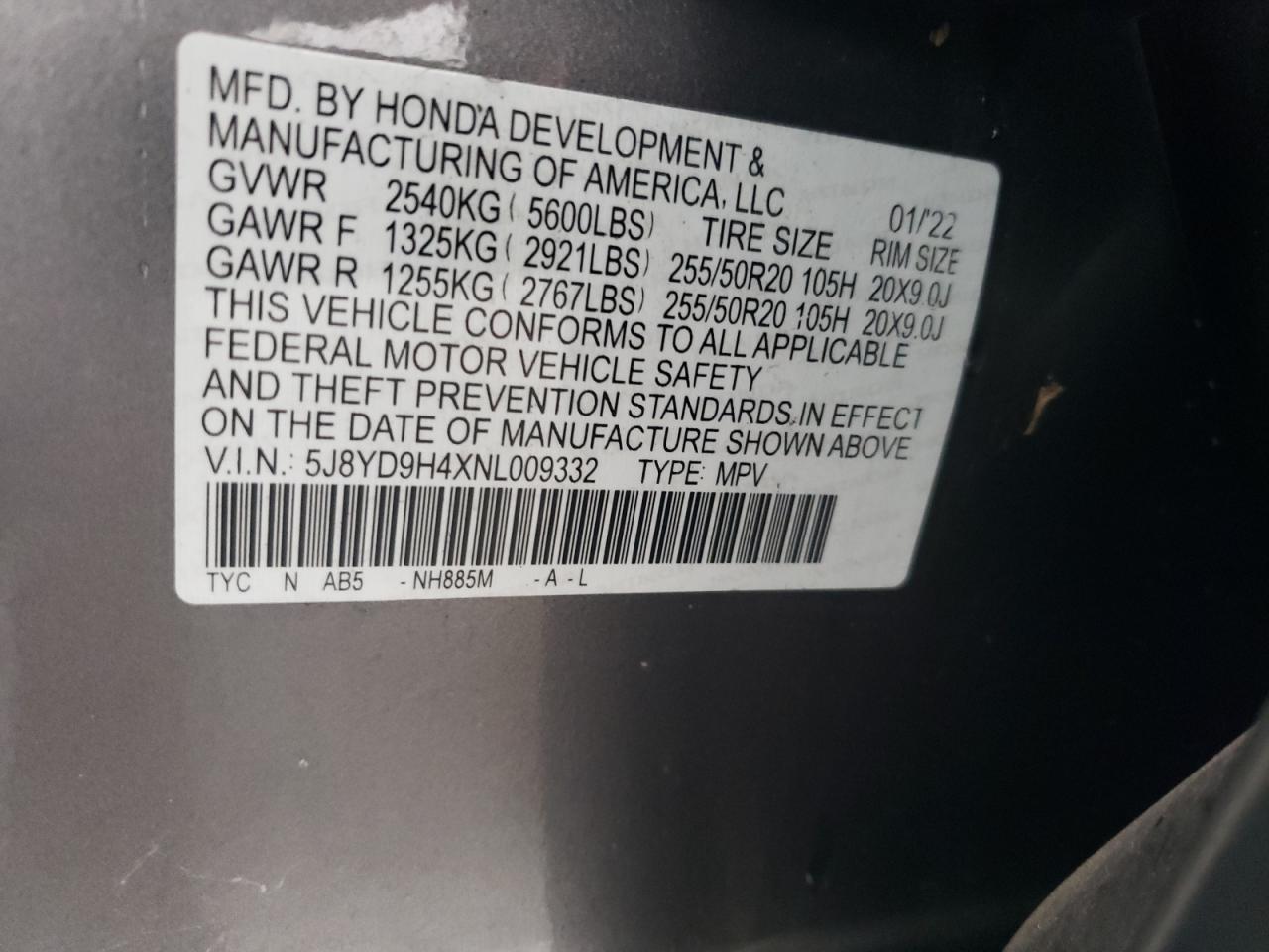 2022 Acura Mdx Technology VIN: 5J8YD9H4XNL009332 Lot: 92949325