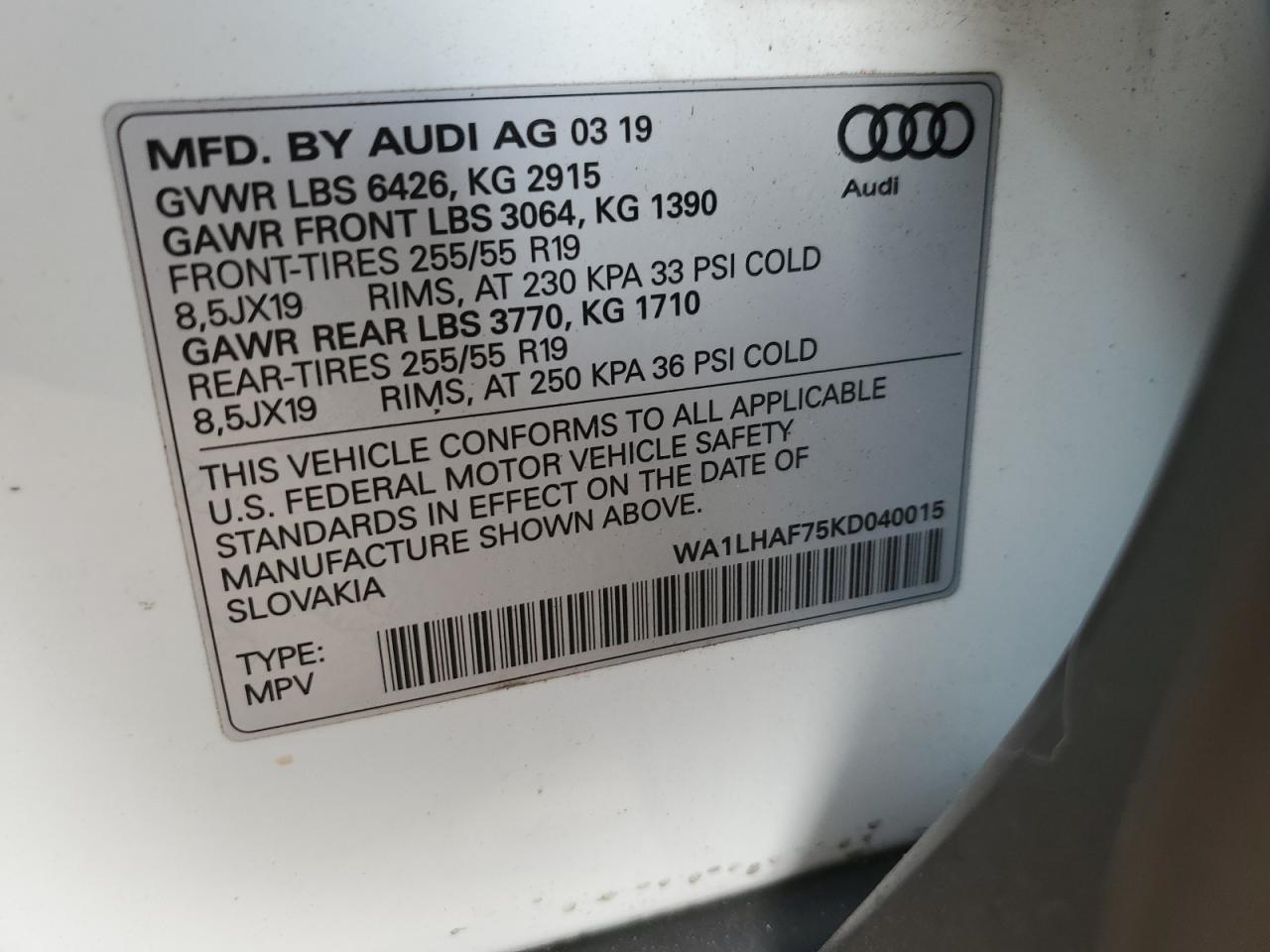 2019 Audi Q7 Premium Plus VIN: WA1LHAF75KD040015 Lot: 90023845