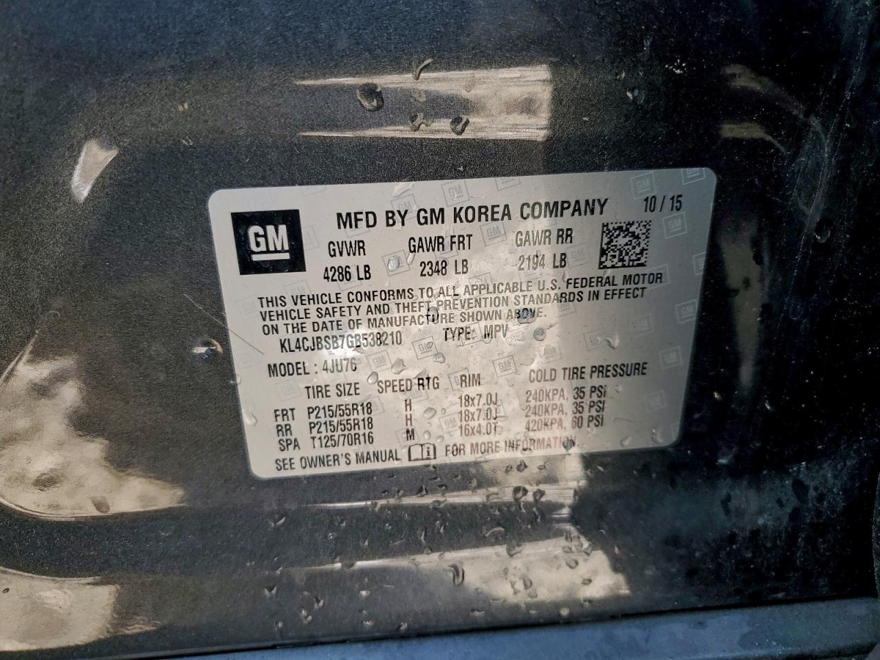 2016 Buick Encore Convenience VIN: KL4CJBSB7GB538210 Lot: 94507175