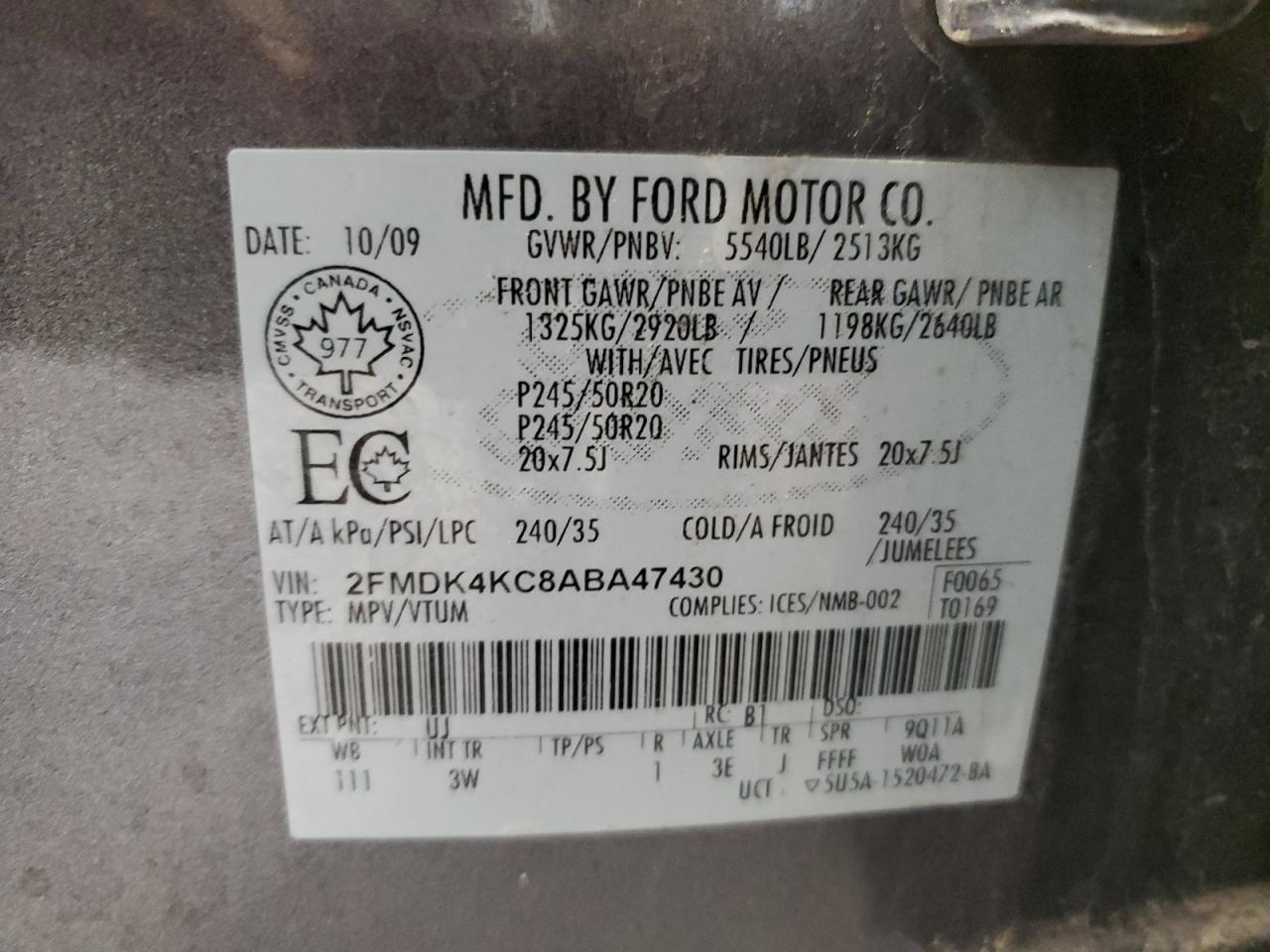 2010 Ford Edge Limited VIN: 2FMDK4KC8ABA47430 Lot: 91801995