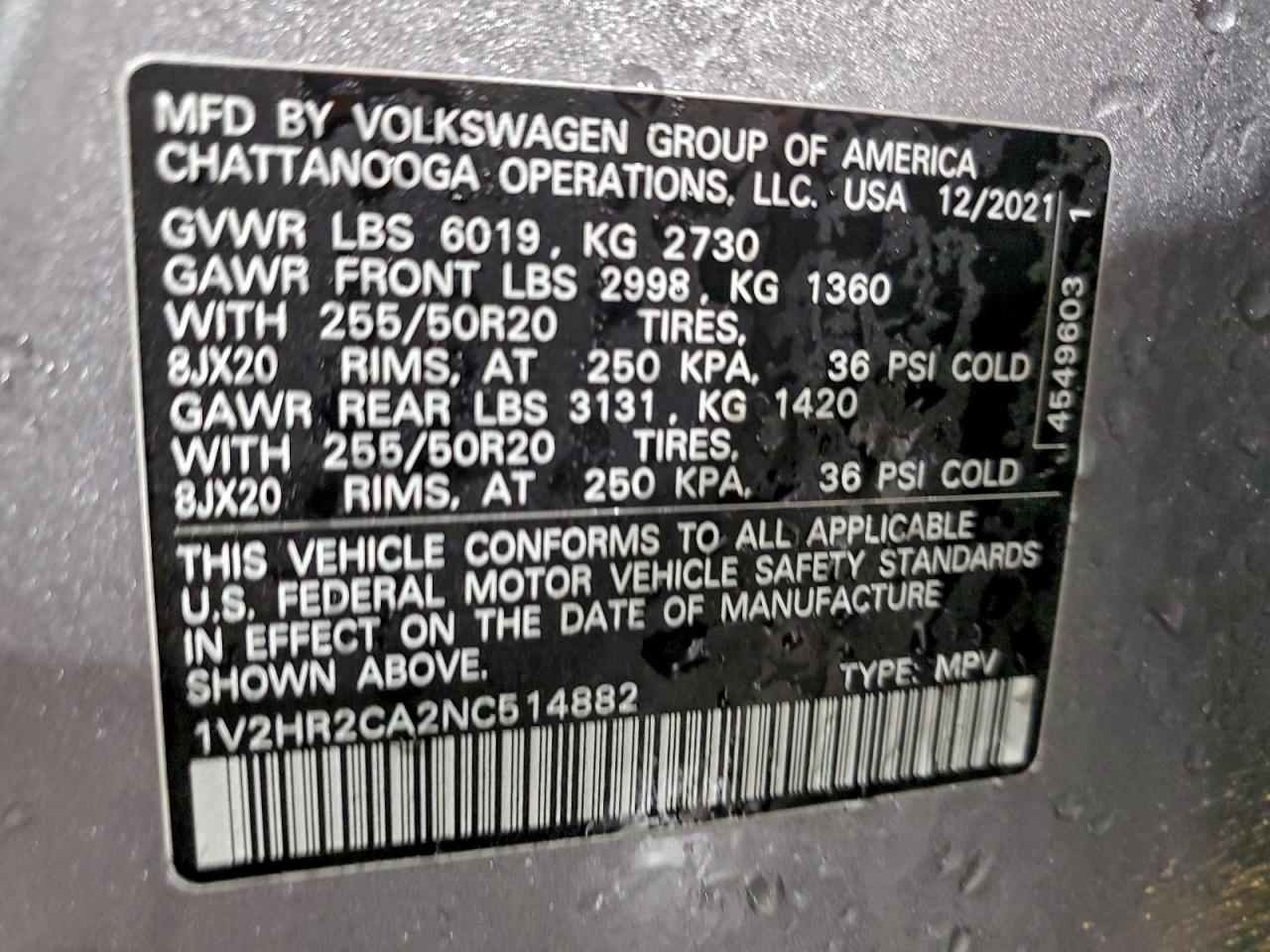 2022 Volkswagen Atlas Se VIN: 1V2HR2CA2NC514882 Lot: 93146005