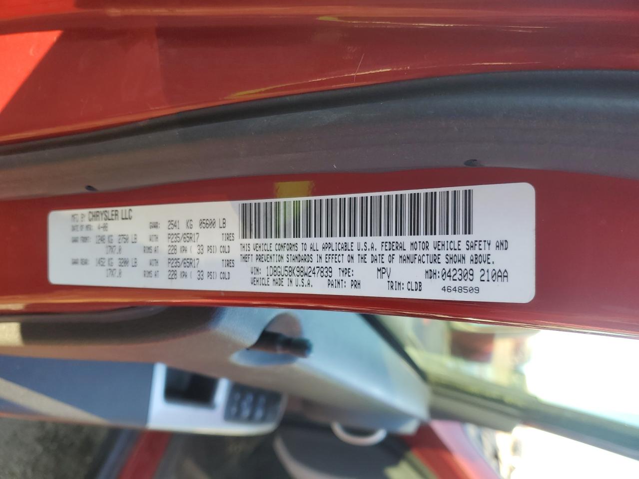 2008 Dodge Nitro Slt VIN: 1D8GU58K98W247839 Lot: 92907305