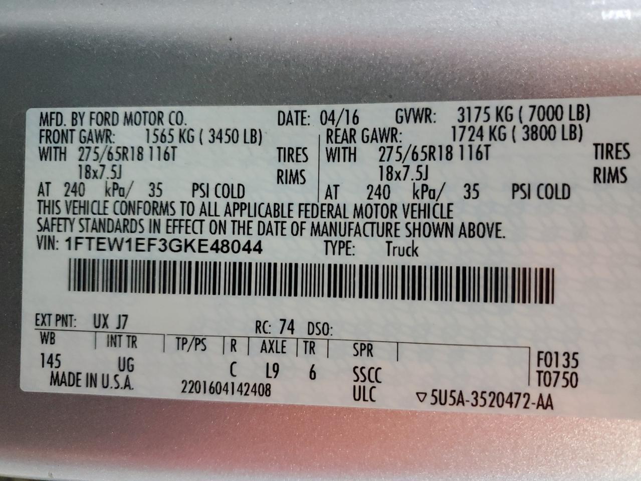 2016 Ford F150 Supercrew VIN: 1FTEW1EF3GKE48044 Lot: 91303625