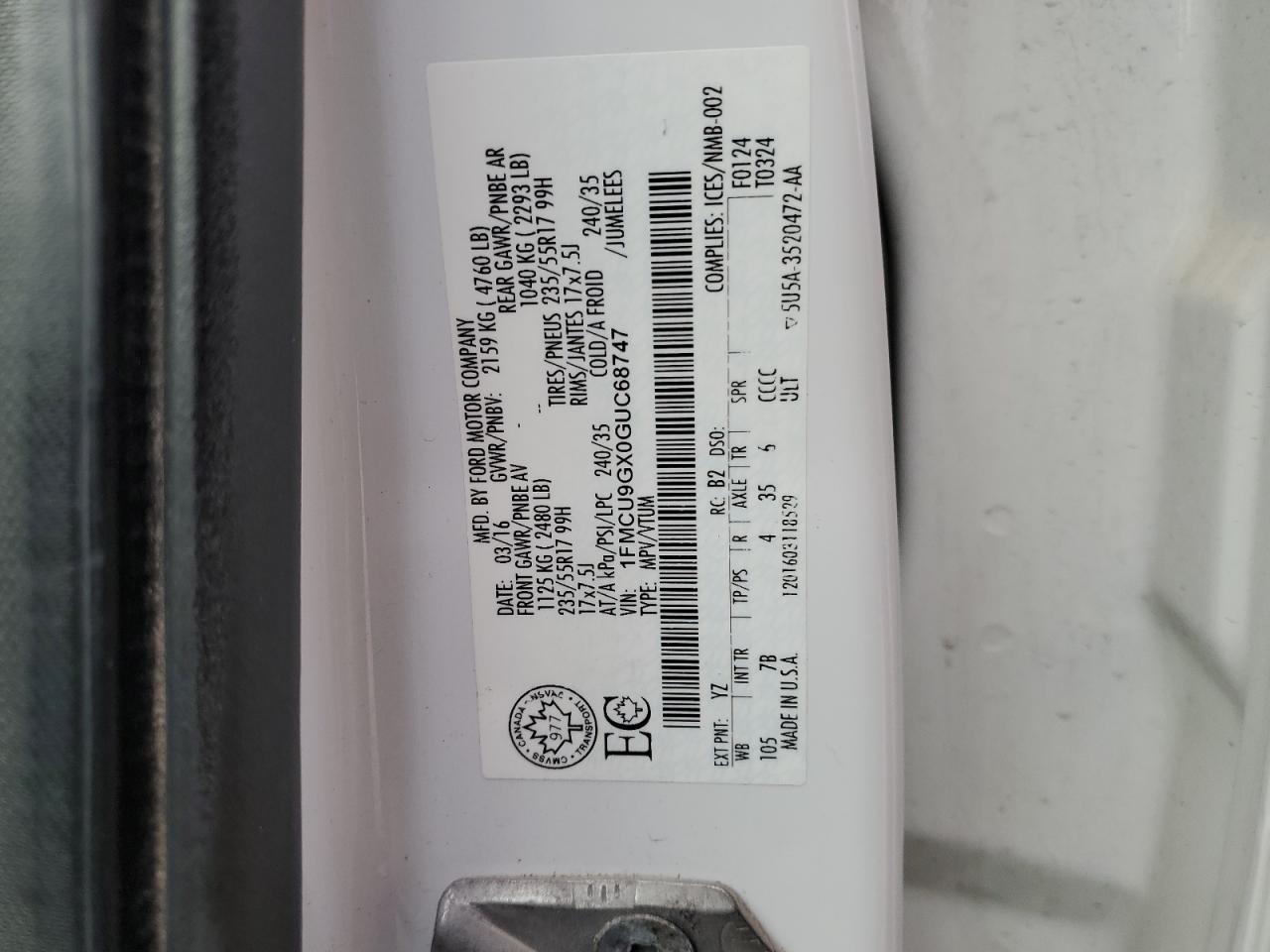 2016 Ford Escape Se VIN: 1FMCU9GX0GUC68747 Lot: 92653685