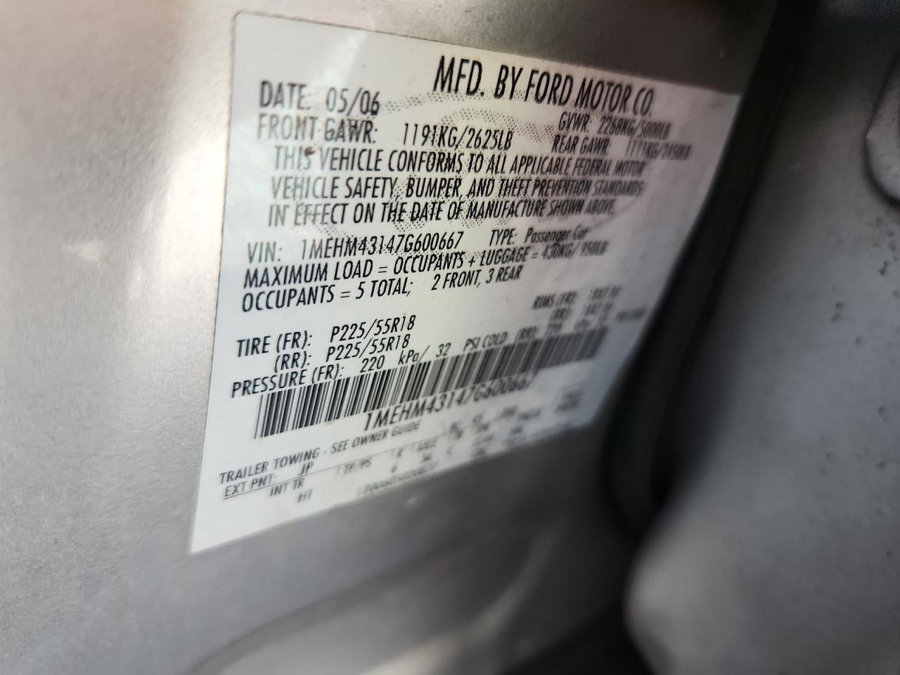 2007 Mercury Montego Premier VIN: 1MEHM43147G600667 Lot: 91060435