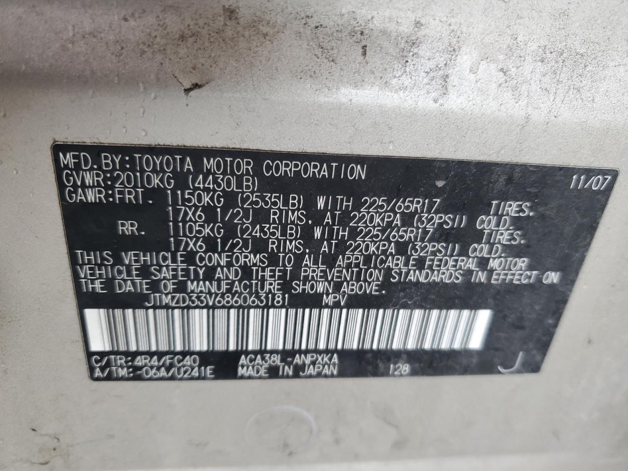 2008 Toyota Rav4 VIN: JTMZD33V686063181 Lot: 92322025