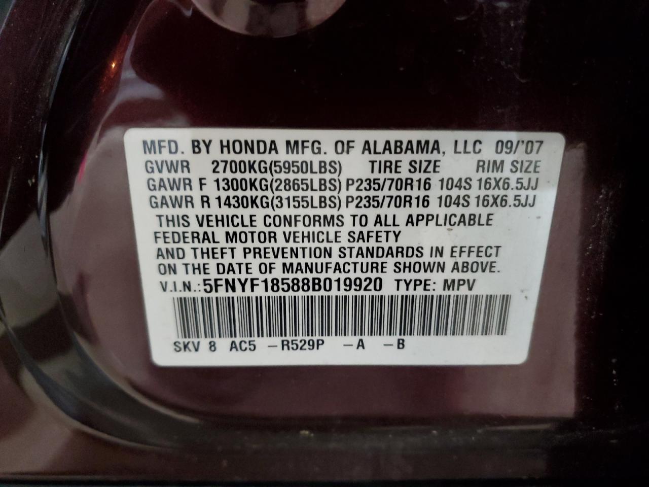 2008 Honda Pilot Exl VIN: 5FNYF18588B019920 Lot: 92394525