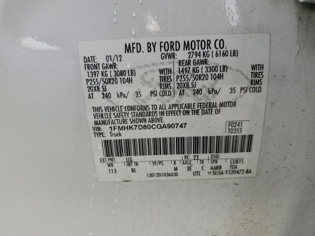 2012 Ford Explorer Xlt VIN: 1FMHK7D80CGA90747 Lot: 93746585