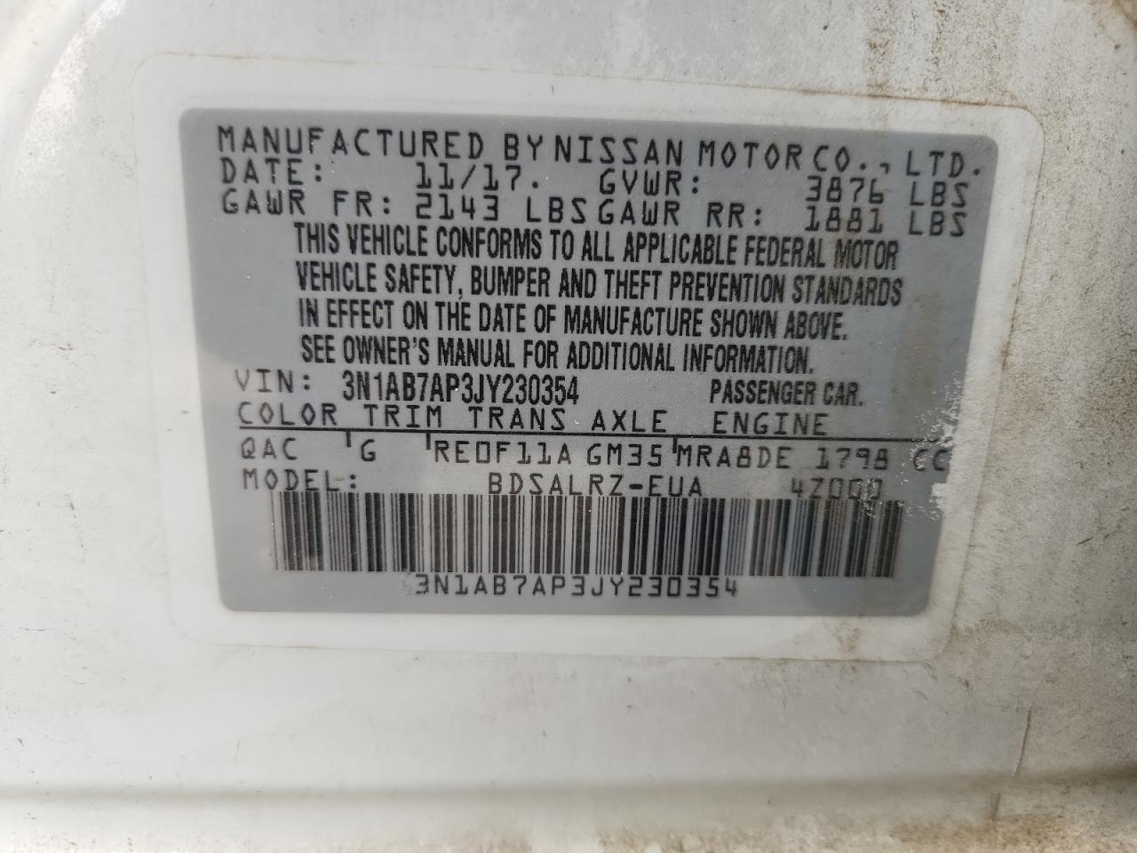 2018 Nissan Sentra S VIN: 3N1AB7AP3JY230354 Lot: 92657705