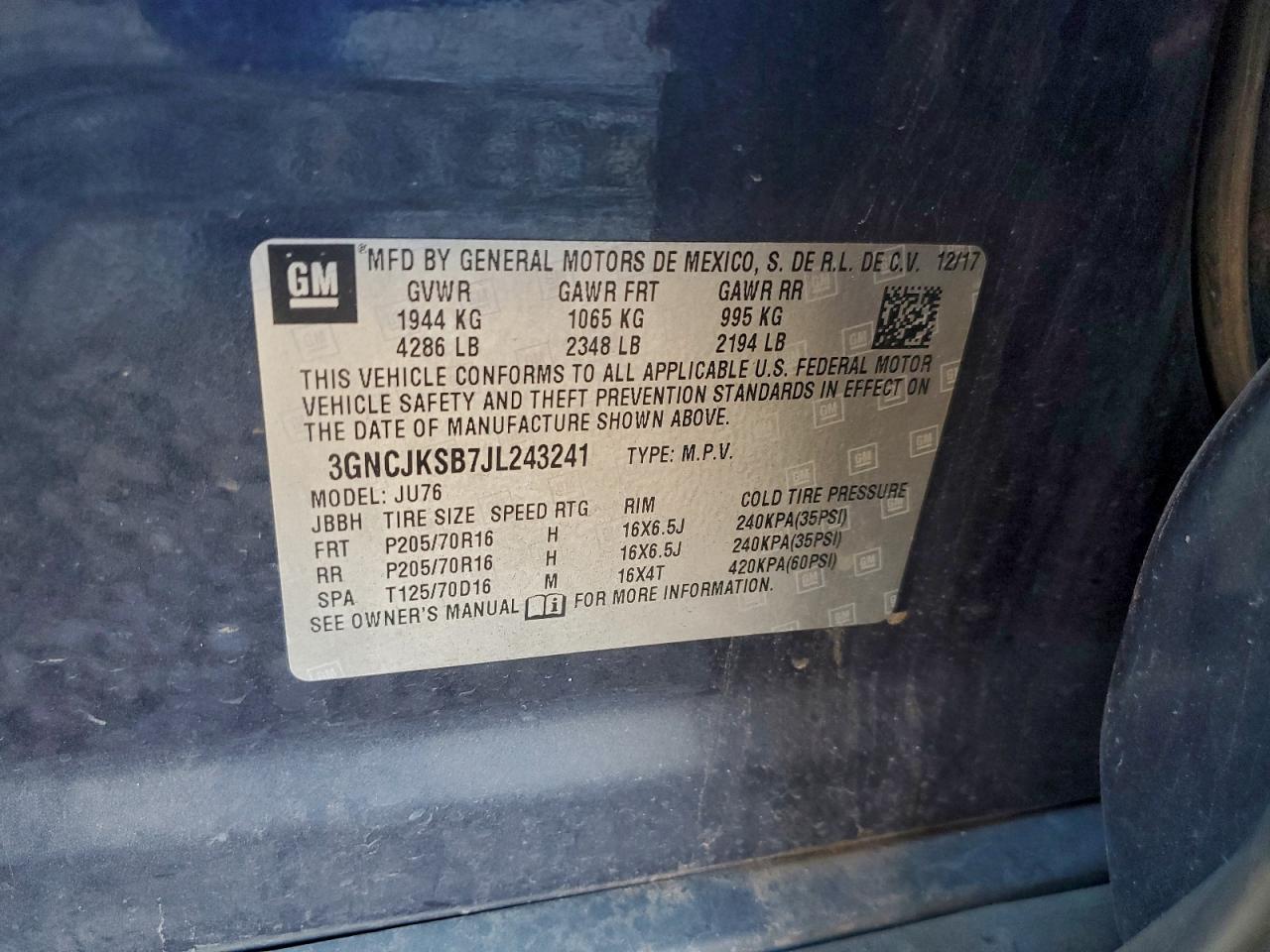 2018 Chevrolet Trax Ls VIN: 3GNCJKSB7JL243241 Lot: 93379645