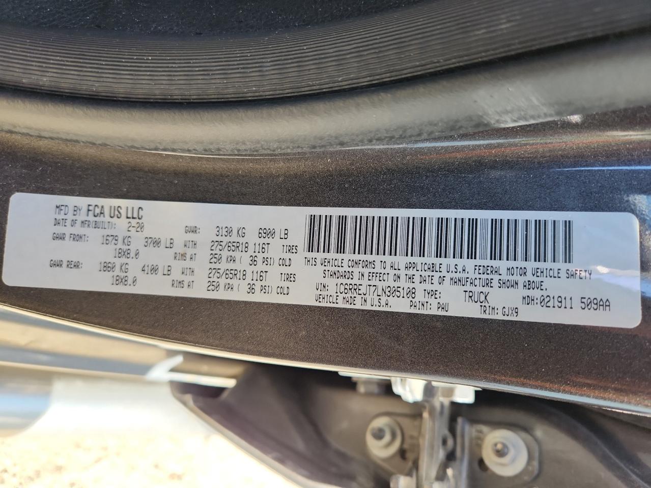 2020 Ram 1500 Laramie VIN: 1C6RREJT7LN305108 Lot: 92001525