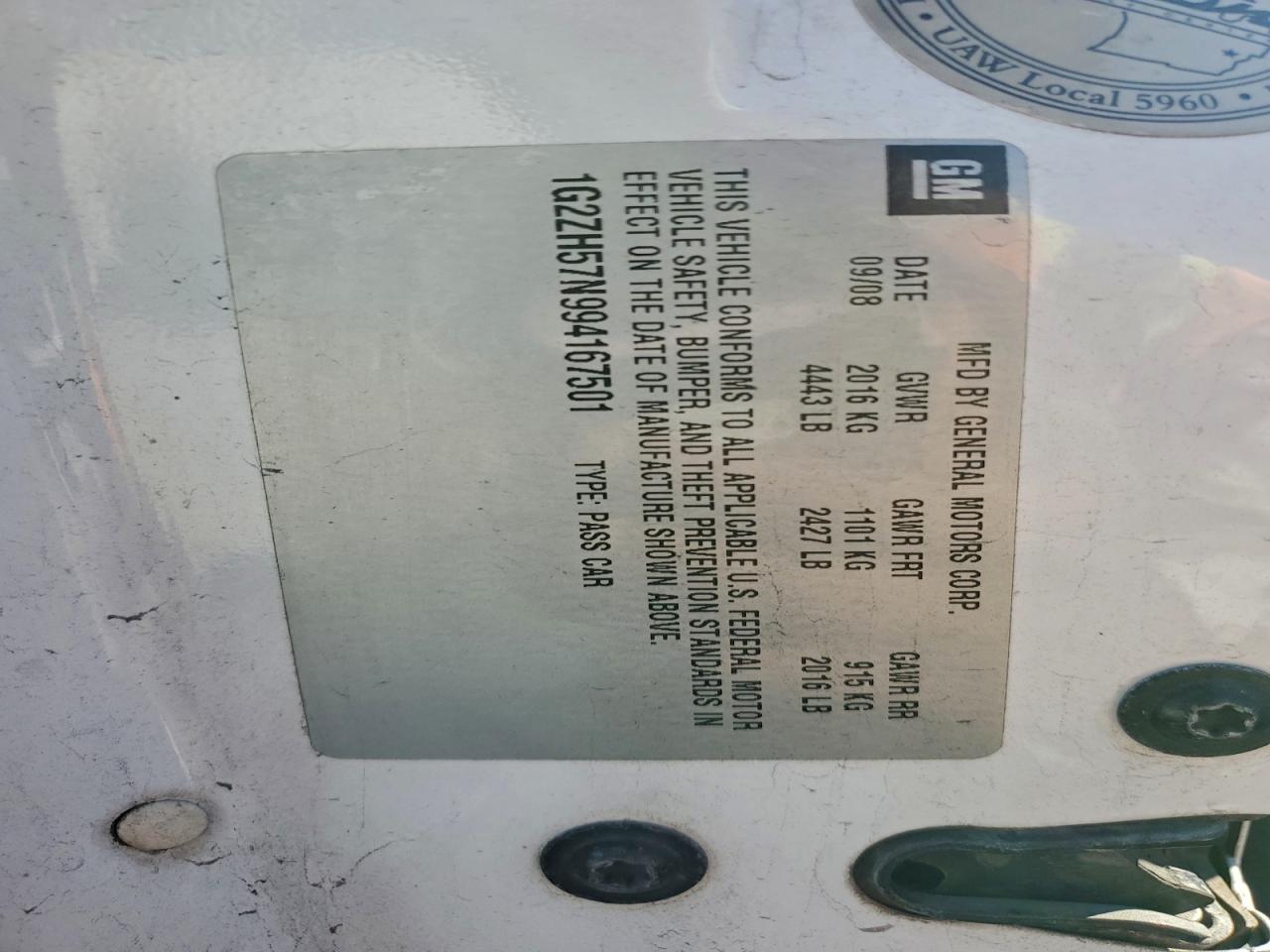 2009 Pontiac G6 Gt VIN: 1G2ZH57N994167501 Lot: 94000925