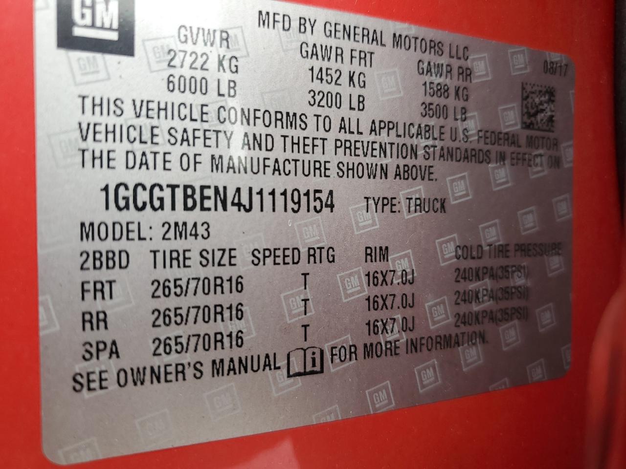 2018 Chevrolet Colorado VIN: 1GCGTBEN4J1119154 Lot: 92573065