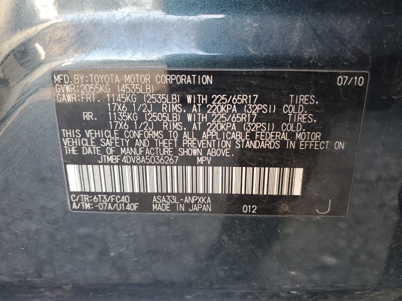 2010 Toyota Rav4 VIN: JTMBF4DV8A5036267 Lot: 92485335