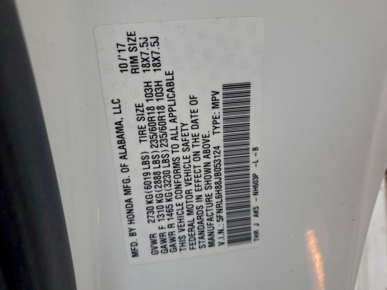 2018 Honda Odyssey Touring VIN: 5FNRL6H88JB053124 Lot: 93779525