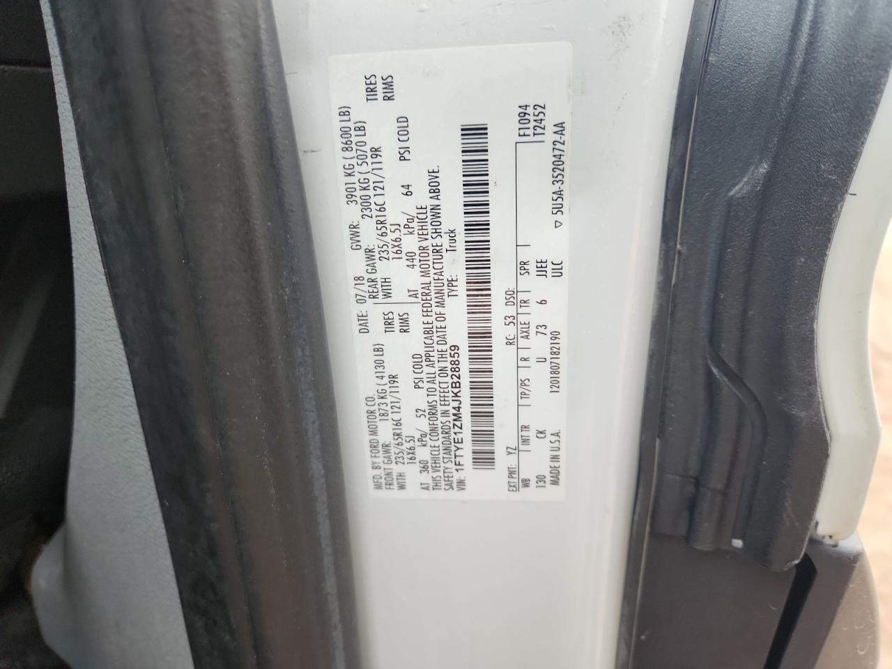 2018 Ford Transit Delivery Van VIN: 1FTYE1ZM4JKB28859 Lot: 92128875