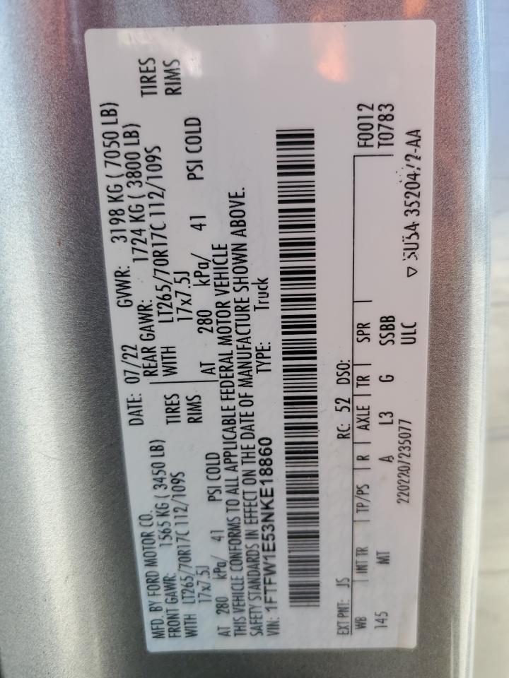 2022 Ford F150 Supercrew VIN: 1FTFW1E53NKE18860 Lot: 91849405