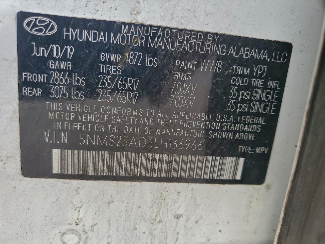 2020 Hyundai Santa Fe Se VIN: 5NMS23AD6LH136966 Lot: 93777975