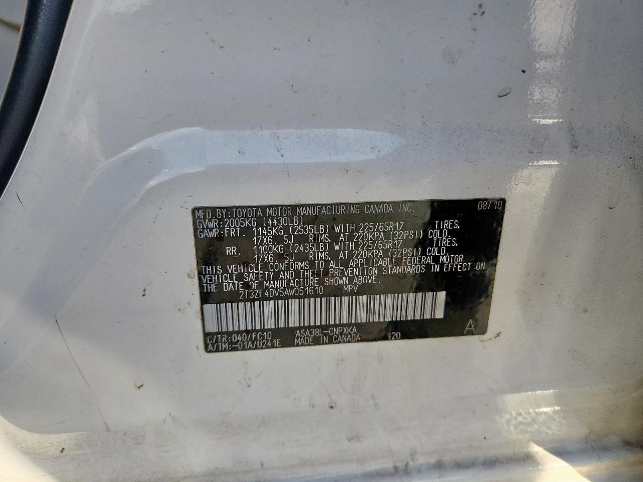 2010 Toyota Rav4 VIN: 2T3ZF4DV5AW051610 Lot: 91836285