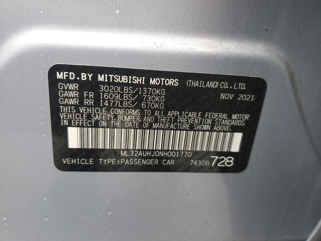 2022 Mitsubishi Mirage Es VIN: ML32AUHJ0NH001770 Lot: 92027025