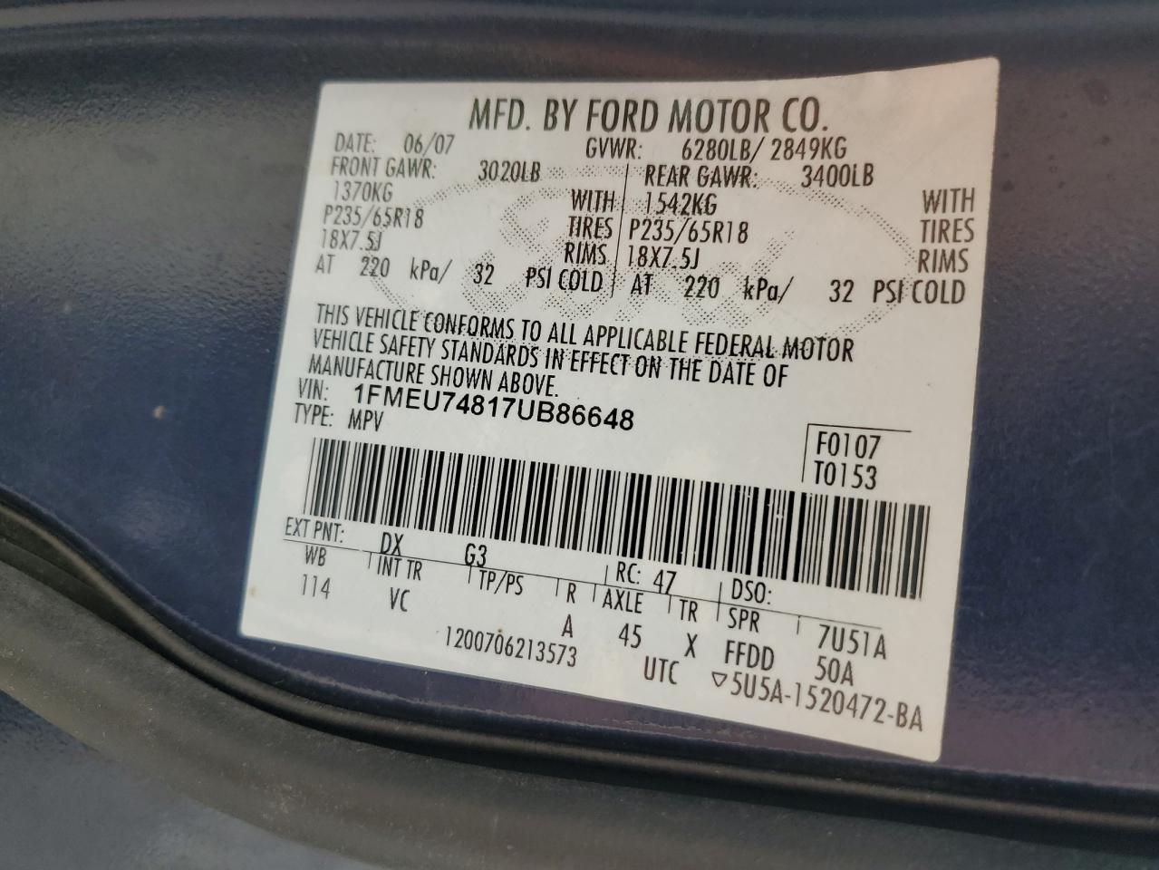 2007 Ford Explorer Eddie Bauer VIN: 1FMEU74817UB86648 Lot: 91652245