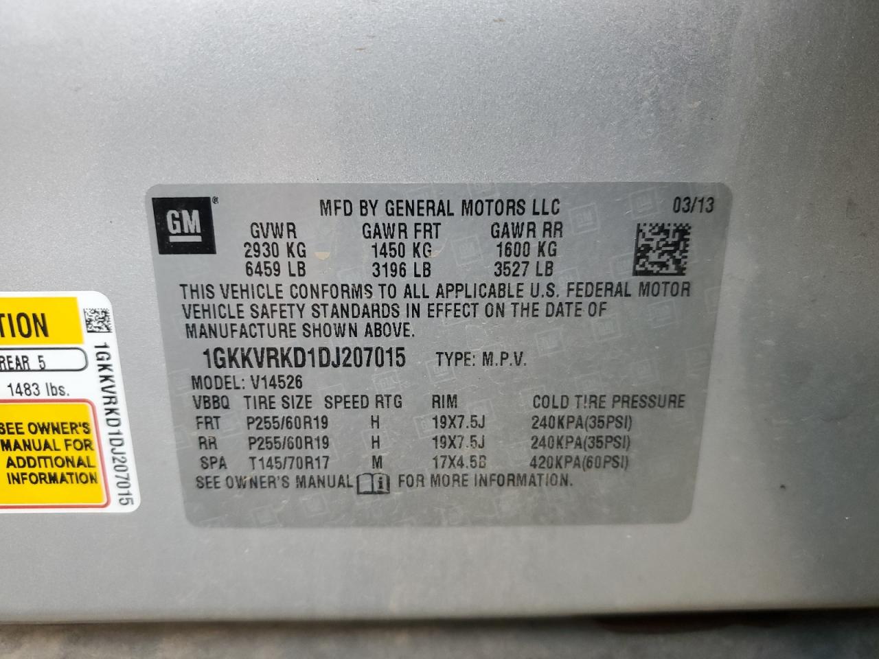 2013 GMC Acadia Slt-1 VIN: 1GKKVRKD1DJ207015 Lot: 91690385