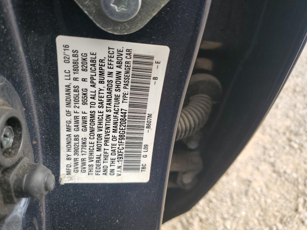 2016 Honda Civic Touring VIN: 19XFC1F98GE208447 Lot: 93547075