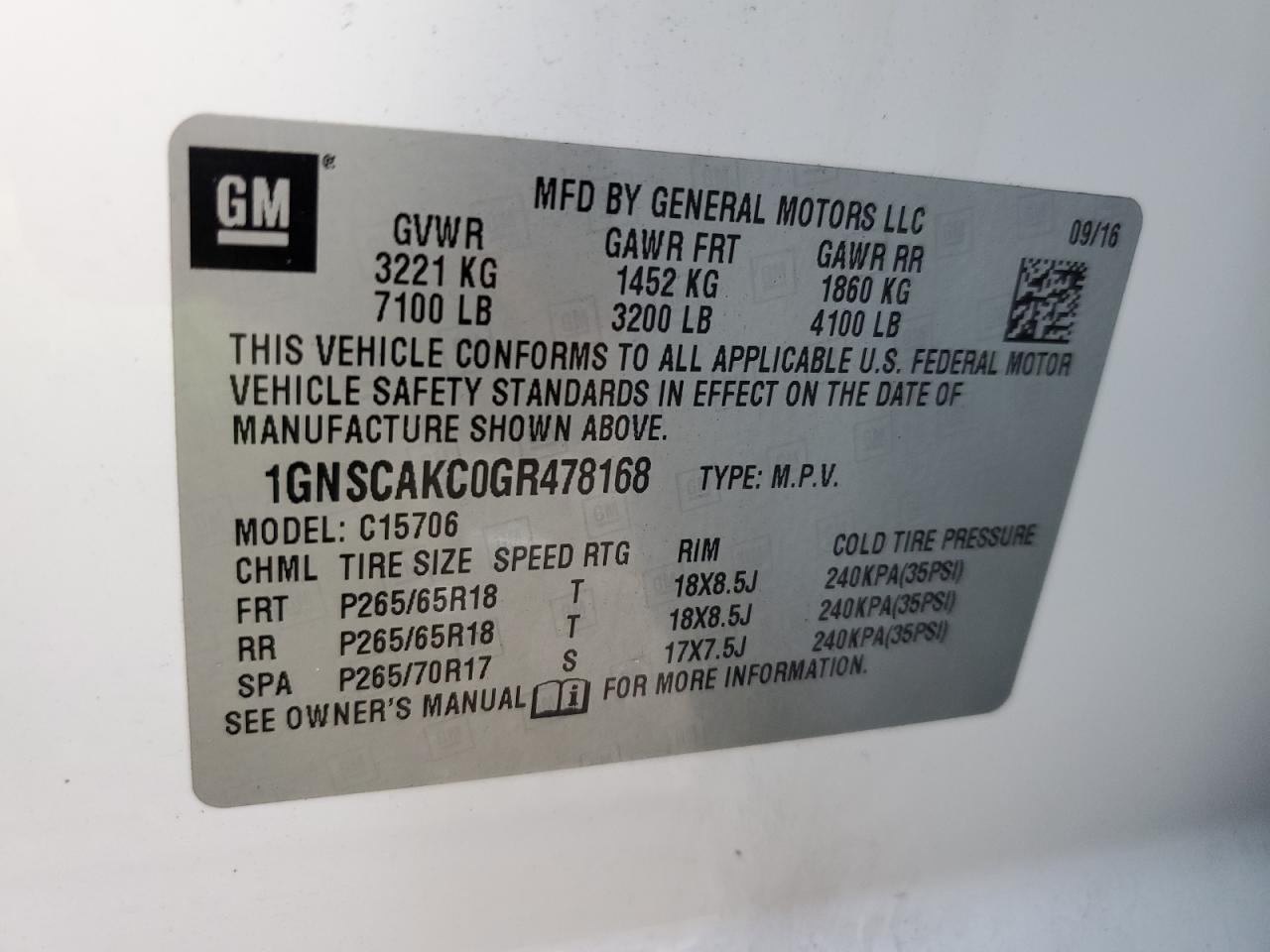 2016 Chevrolet Tahoe C1500 Ls VIN: 1GNSCAKC0GR478168 Lot: 93279275