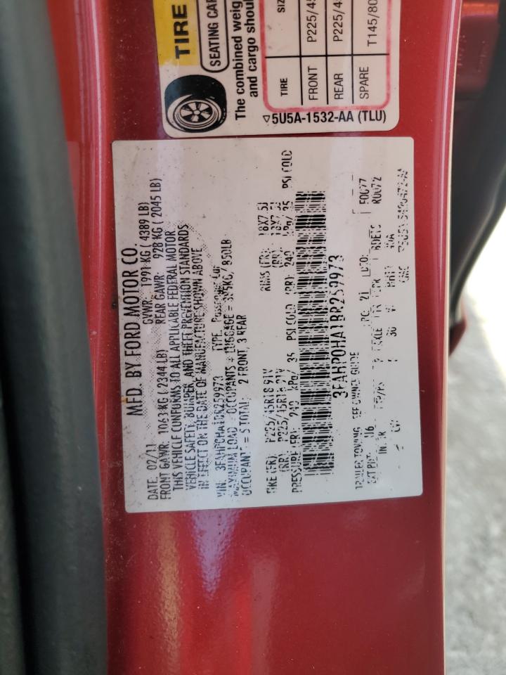 2011 Ford Fusion Se VIN: 3FAHP0HA1BR259973 Lot: 93542985