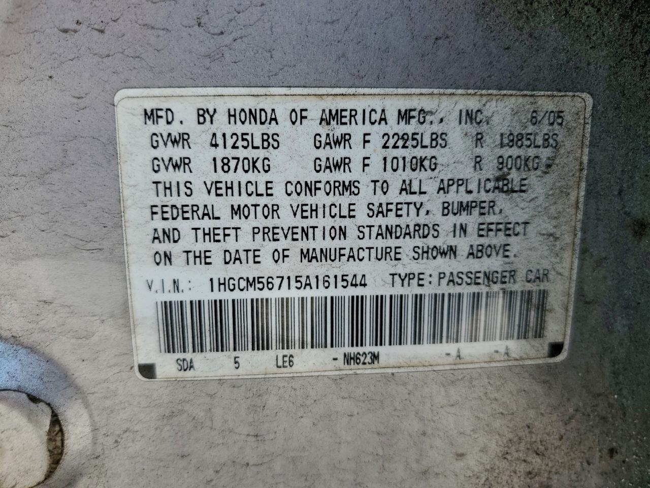 2005 Honda Accord Ex VIN: 1HGCM56715A161544 Lot: 94334005