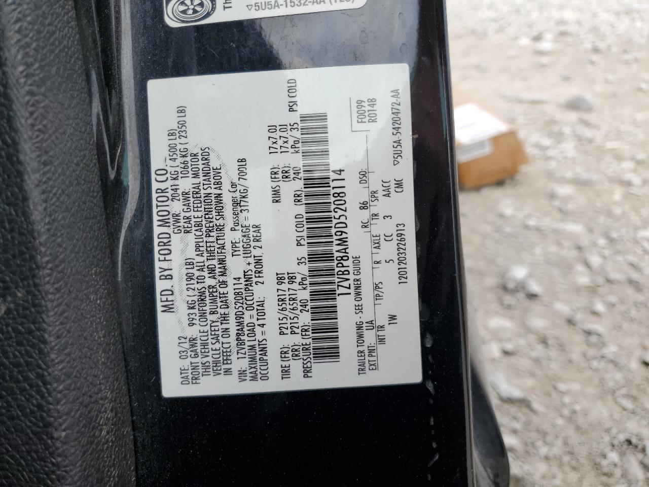 2013 Ford Mustang VIN: 1ZVBP8AM9D5208114 Lot: 92713405