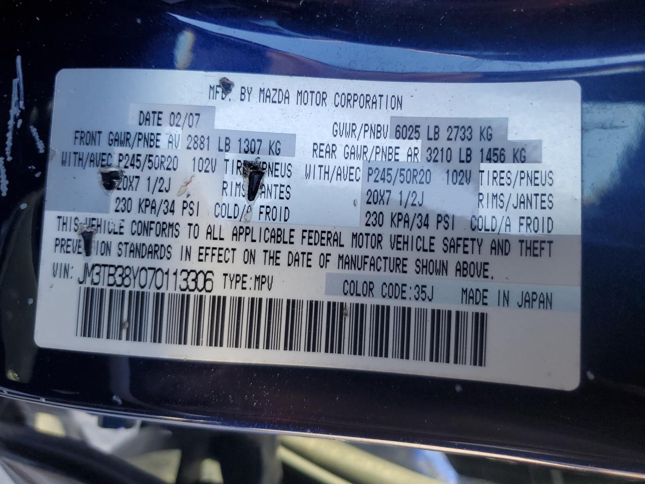 2007 Mazda Cx-9 VIN: JM3TB38Y070113306 Lot: 90826885