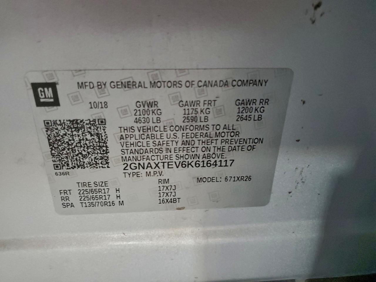 2019 Chevrolet Equinox Lt VIN: 2GNAXTEV6K6164117 Lot: 94332995