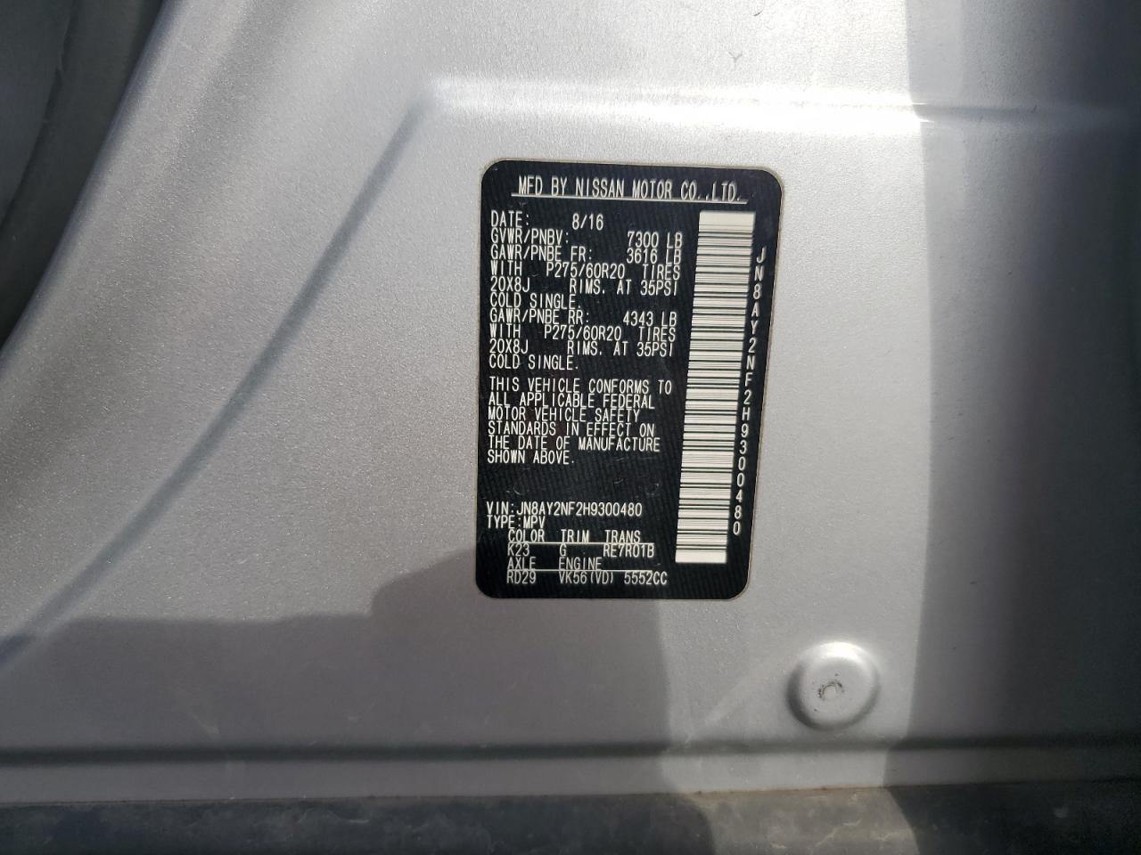 2017 Nissan Armada Platinum VIN: JN8AY2NF2H9300480 Lot: 92285835