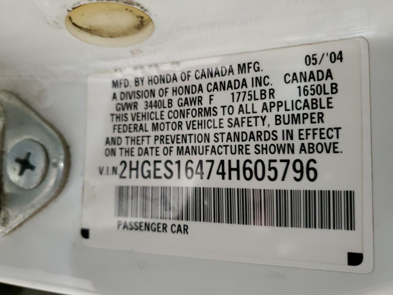 2004 Honda Civic Dx VIN: 2HGES16474H605796 Lot: 93886465