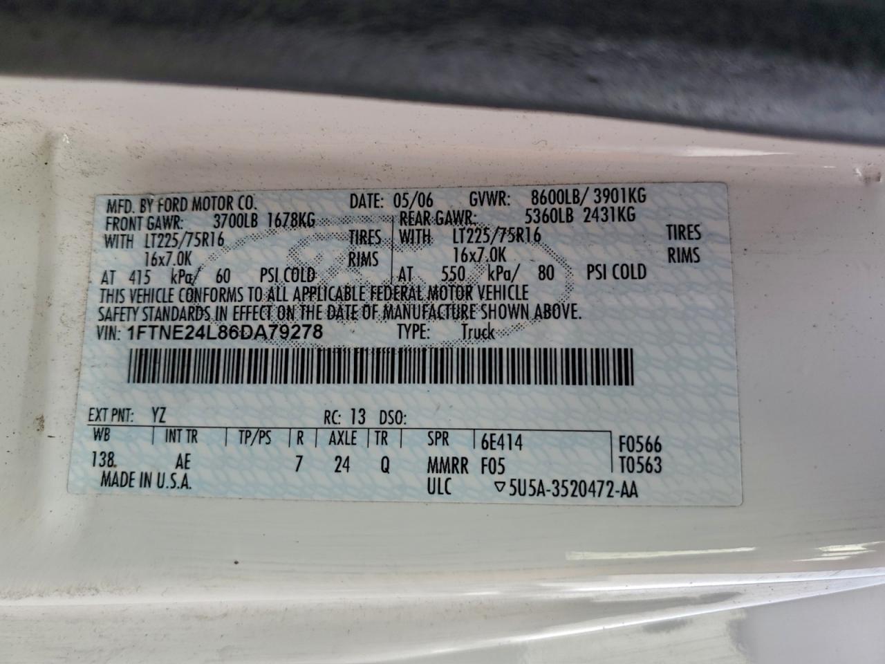 2006 Ford Econoline E250 Van VIN: 1FTNE24L86DA79278 Lot: 93223175