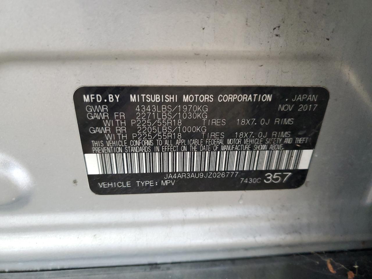 2018 Mitsubishi Outlander Sport Es VIN: JA4AR3AU9JZ026777 Lot: 93269515