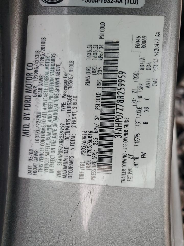 2008 Ford Fusion Se VIN: 3FAHP07Z78R259959 Lot: 91667775