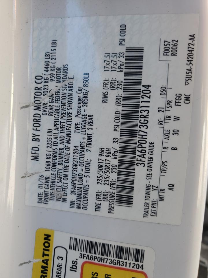 2016 Ford Fusion Se VIN: 3FA6P0H73GR311204 Lot: 92572785