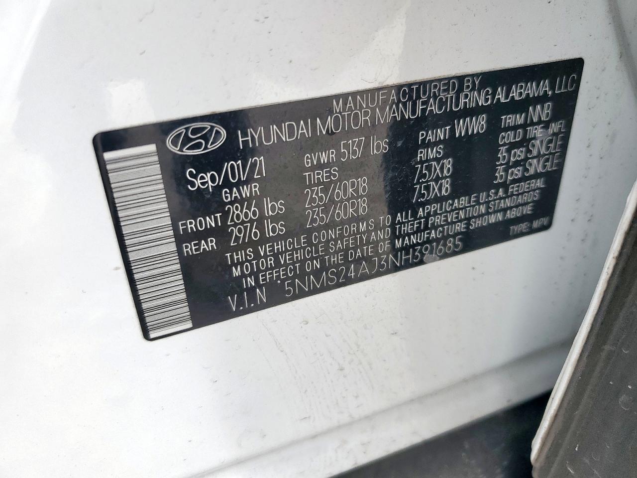 2022 Hyundai Santa Fe Sel VIN: 5NMS24AJ3NH391685 Lot: 93939515