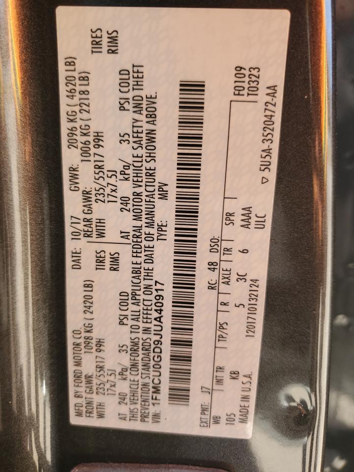 2018 Ford Escape Se VIN: 1FMCU0GD9JUA40917 Lot: 92736175